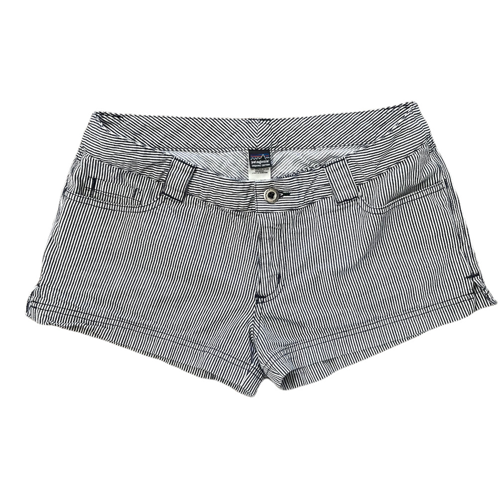 Patagonia 100% Organic Cotton Womens Shorts Sz 6 Mid Rise Pinstripe Navy Pockets